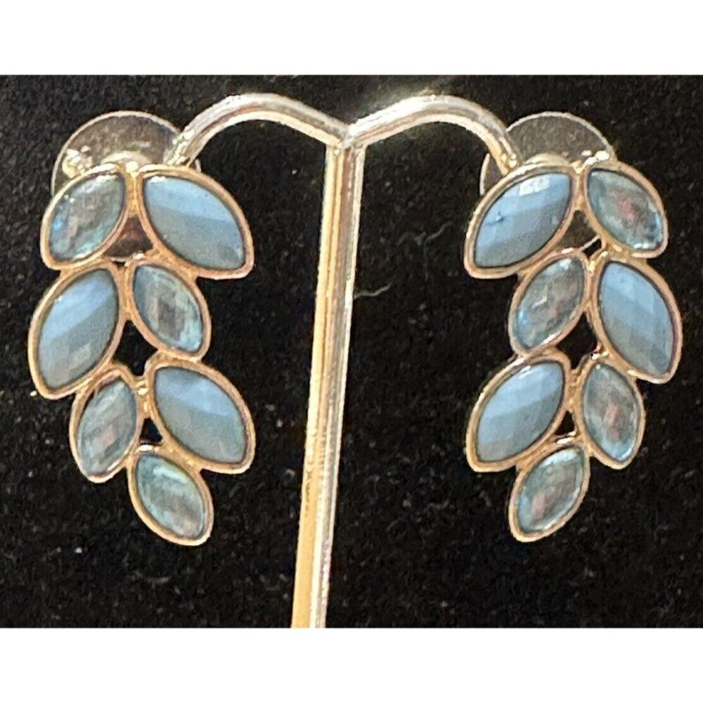 Blue Marquise Multifaceted Dangle Leaf Earrings Pierced Wedding Gold Tone